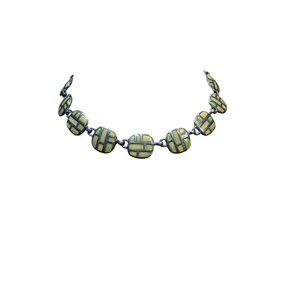 Vintage Guess Mosaic Enamel Link Necklace Green Yellow Geometric Modernist Desig